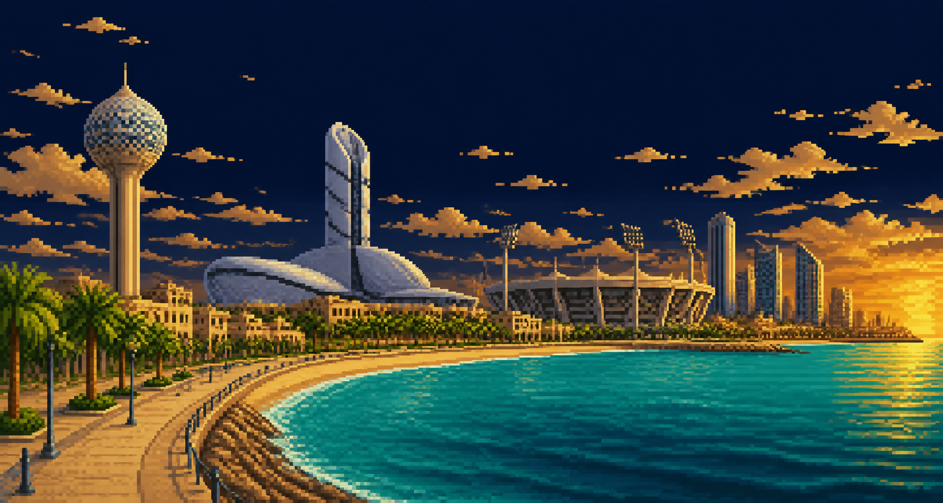 Pixel-art view of the Khobar corniche with the water tower, cultural centre, stadium and Gulf shoreline